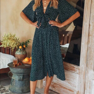 Hello Molly Stuck in Your Ways Midi Dress Size XS/2 Green Polka Dot Tie Front